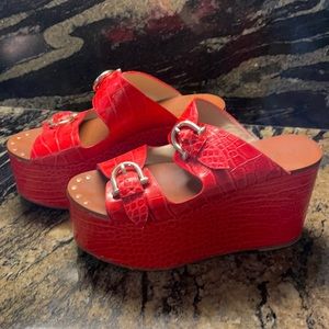 Red crocodile faux leather sandal platforms